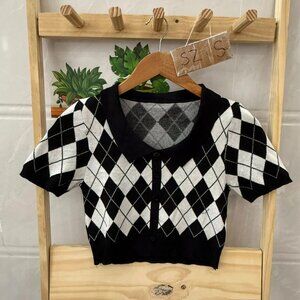 Black White Argyle Knit Crop Cardigan Cute Preppy Top